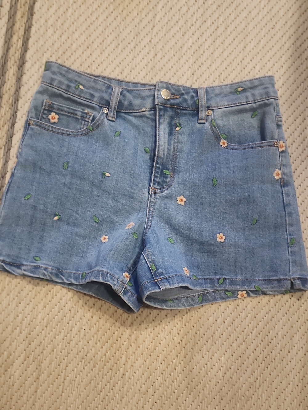 Oat New York Light Blue Denim Shorts with Pink Floral Embroidery